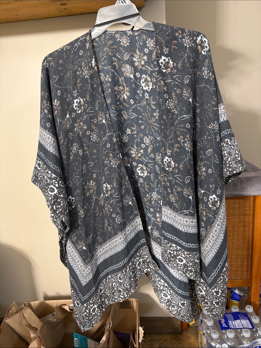 Floral Border Kimono Cover-Up in Charcoal and Cream